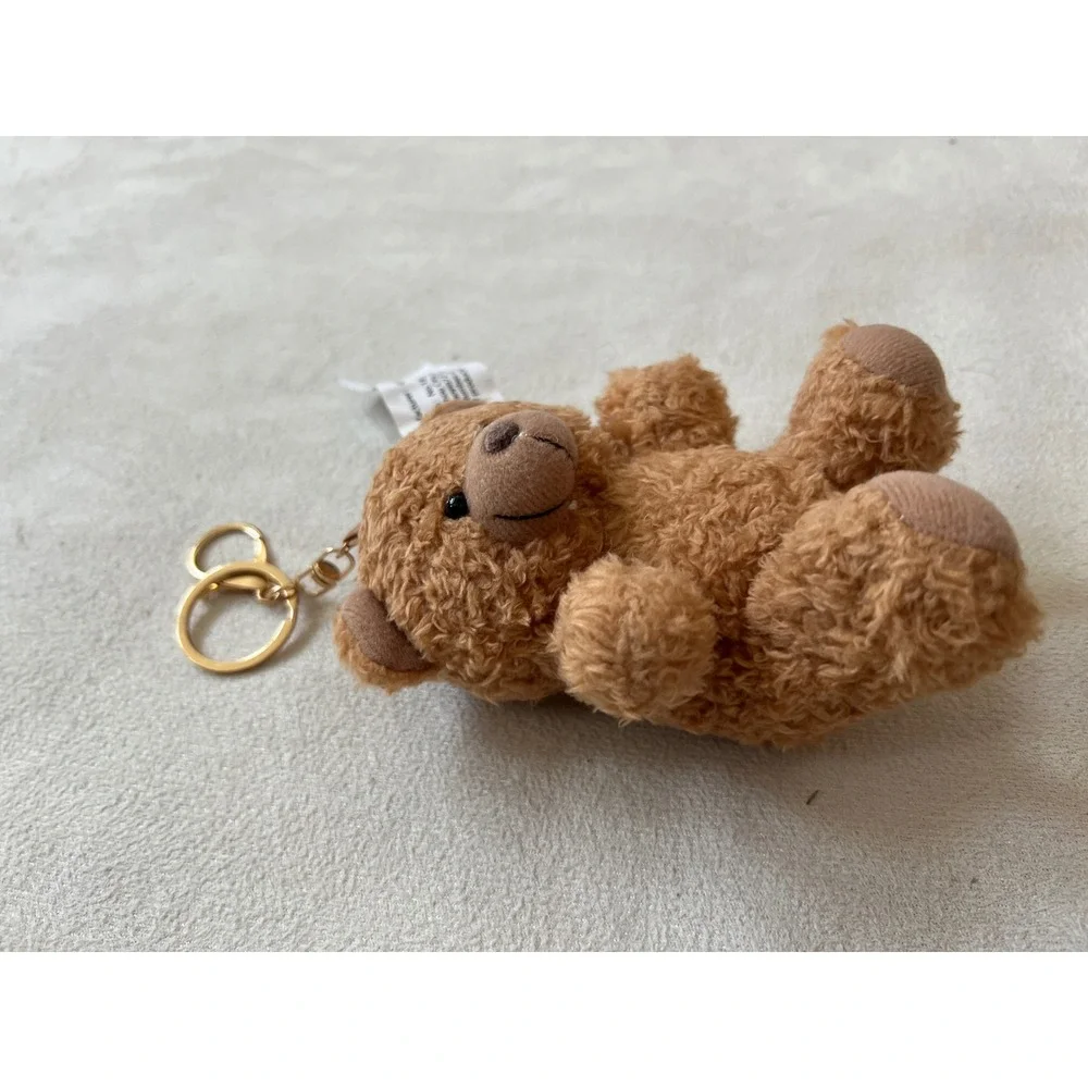 Brown Plush Teddy Bear Keychain Gold Tone Clip Backpack Charm Accessory New